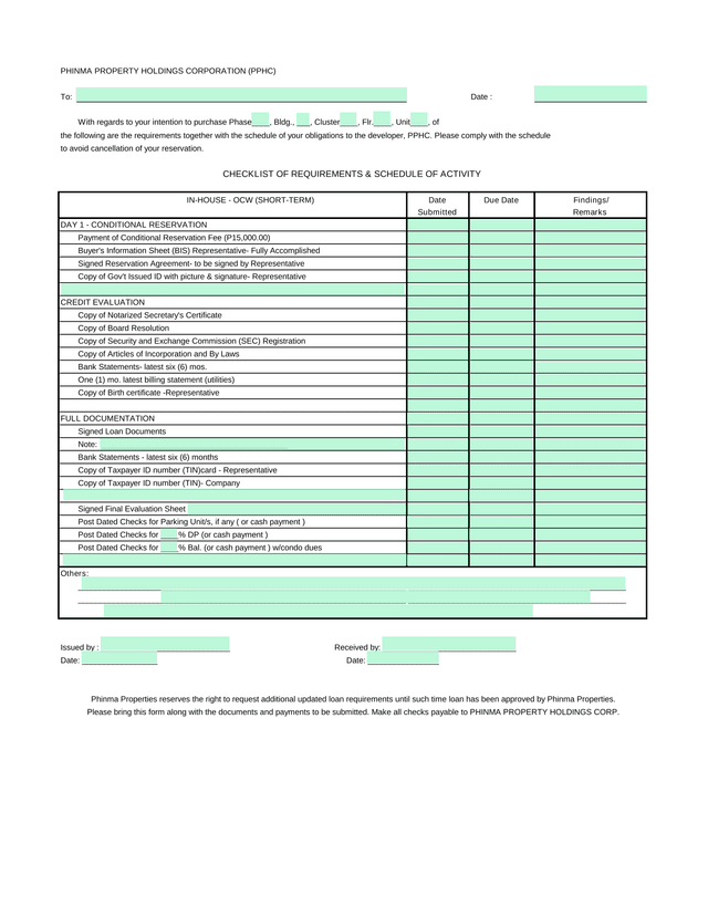 Checklist Of Requirements  Schedule Of Activity screenshot