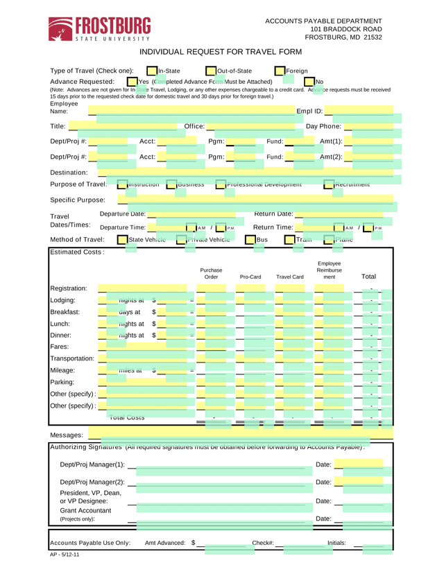 INDIVIDUAL REQUEST FOR TRAVEL FORM screenshot
