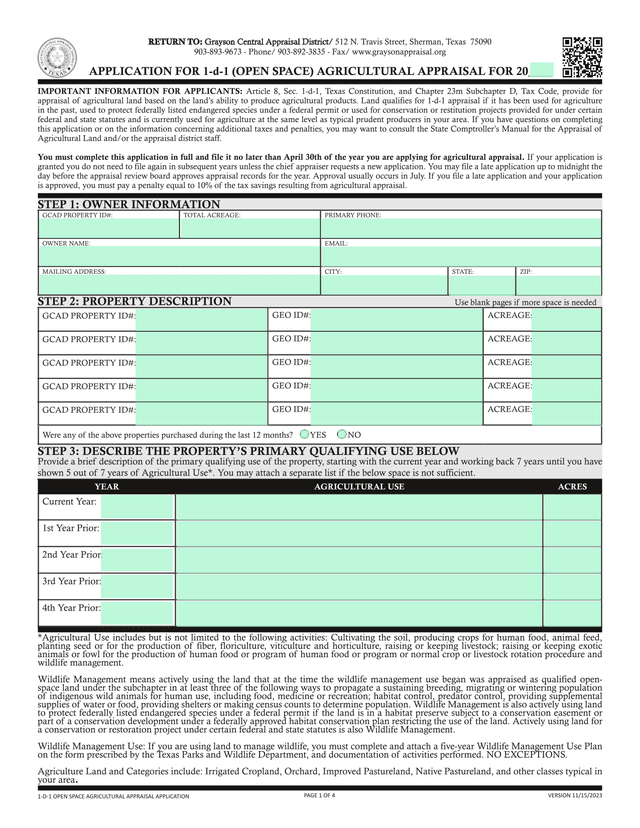 APPLICATION FOR 1 D 1 (OPEN SPACE) AGRICULTURAL APPRAISAL FOR 20 screenshot