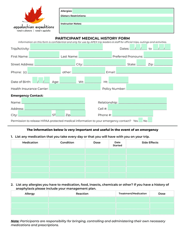 PARTICIPANT MEDICAL HISTORY FORM screenshot