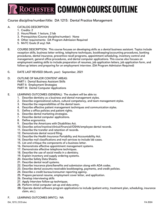 DA 1215 Dental Practice Management   Common Course Outline screenshot