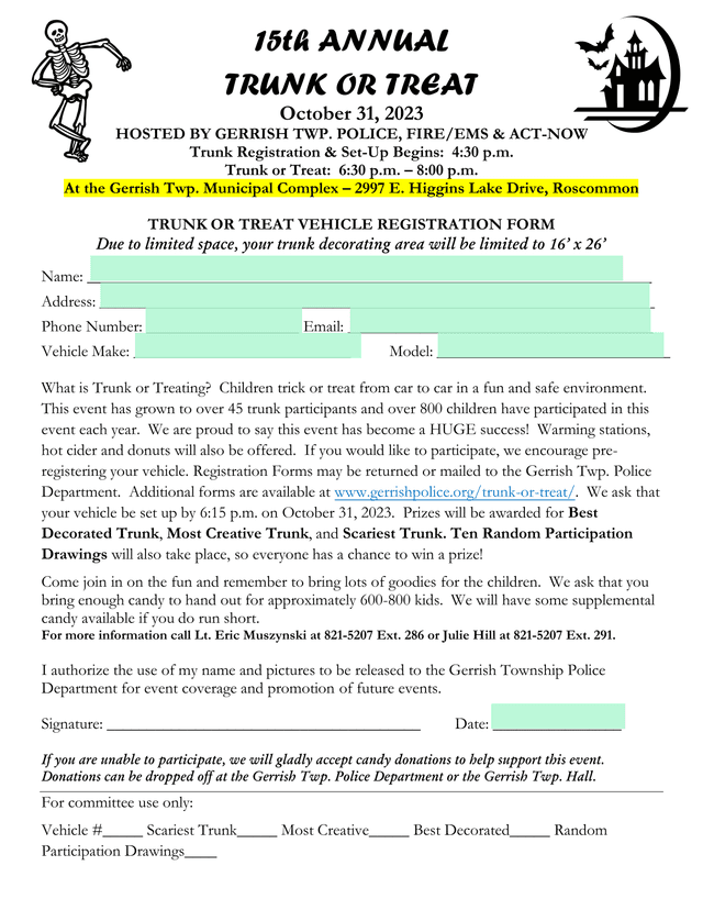 TRUNK OR TREAT VEHICLE REGISTRATION FORM screenshot