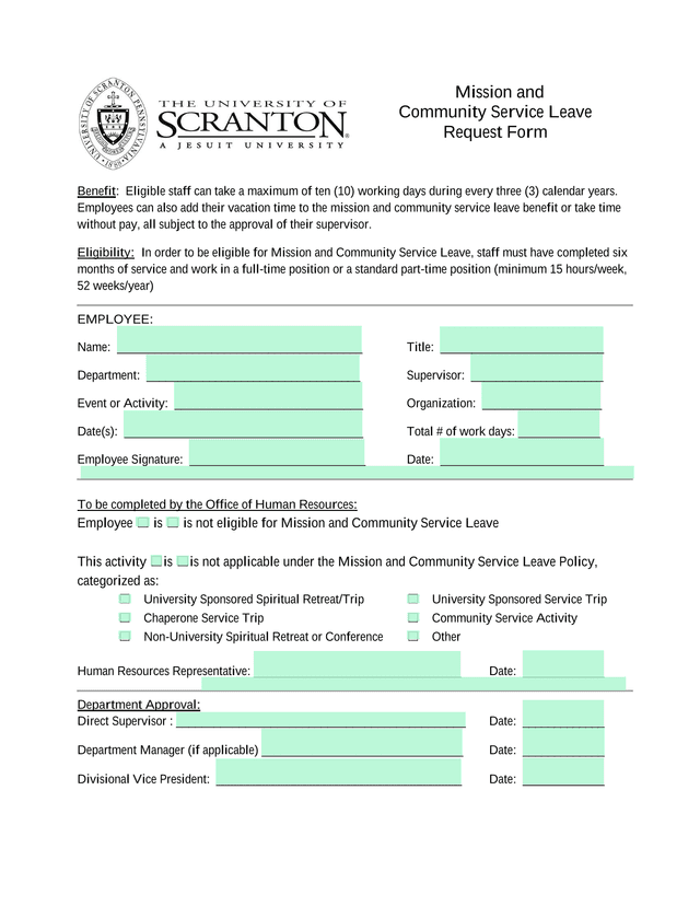 Mission And Community Service Leave Request Form screenshot