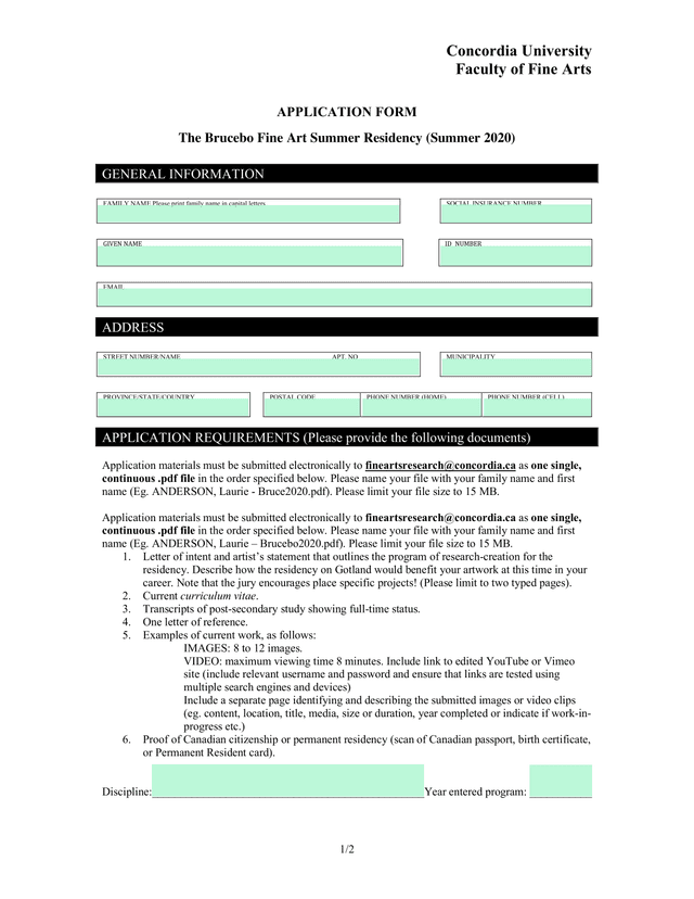 Brucebo Fine Art Summer Residency Application Form screenshot