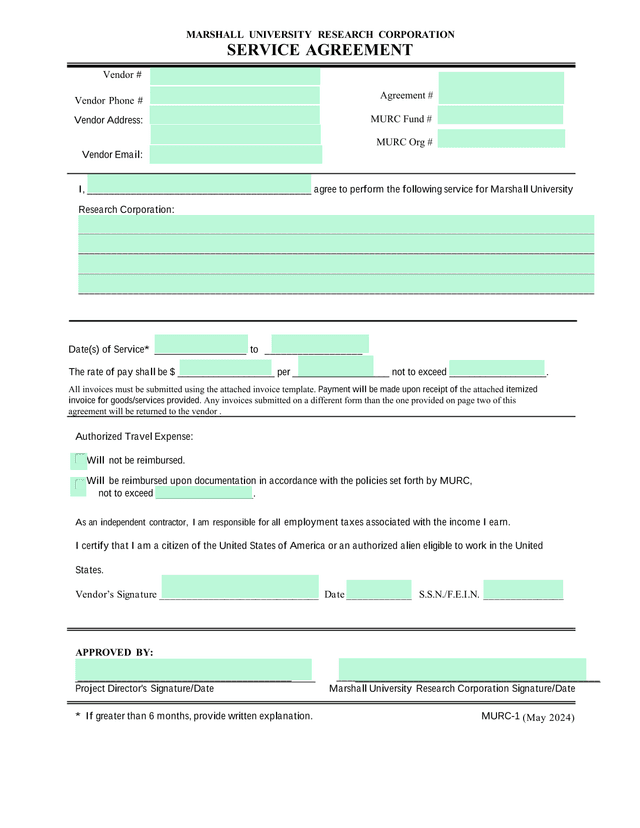 Marshall University Research Corporation Service Agreement screenshot