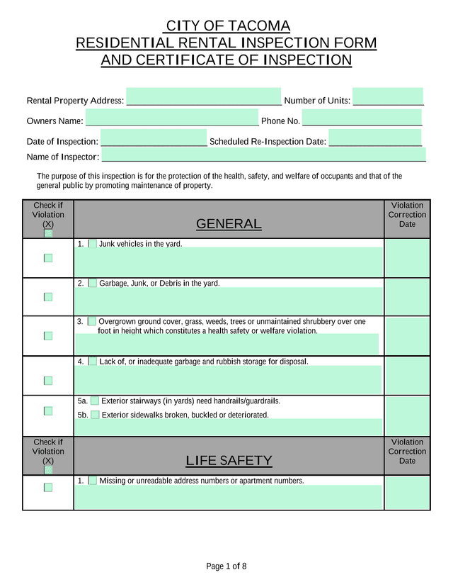 City Of Tacoma Residential Rental Inspection Form And Certificate Of Inspection screenshot