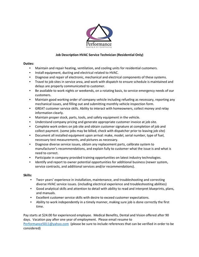 Job Description HVAC Service Technician (Residential Only) screenshot