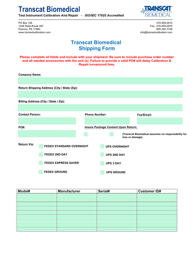 Transcat Biomedical Shipping Form screenshot