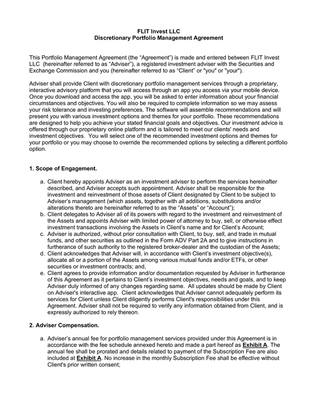 FLIT Invest LLC Discretionary Portfolio Management Agreement screenshot