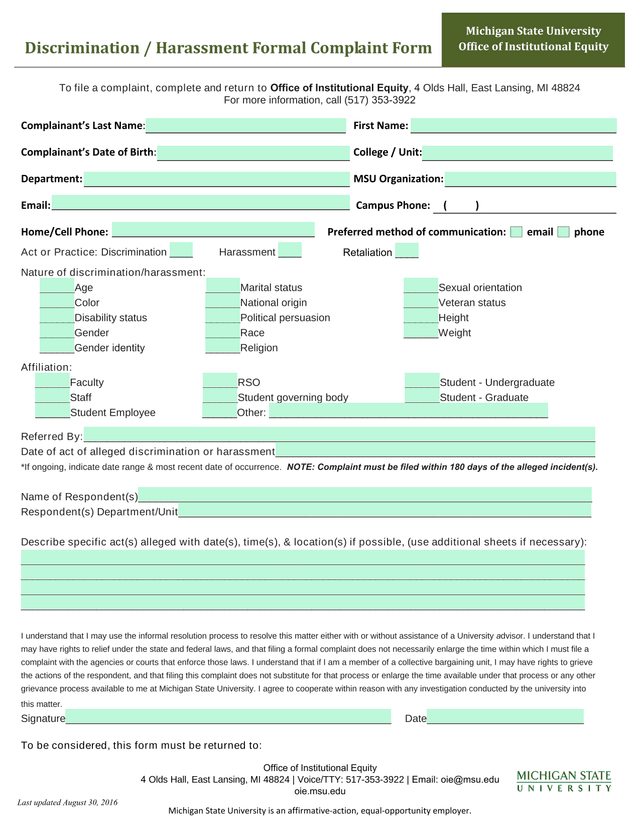 Discrimination  Harassment Formal Complaint Form screenshot