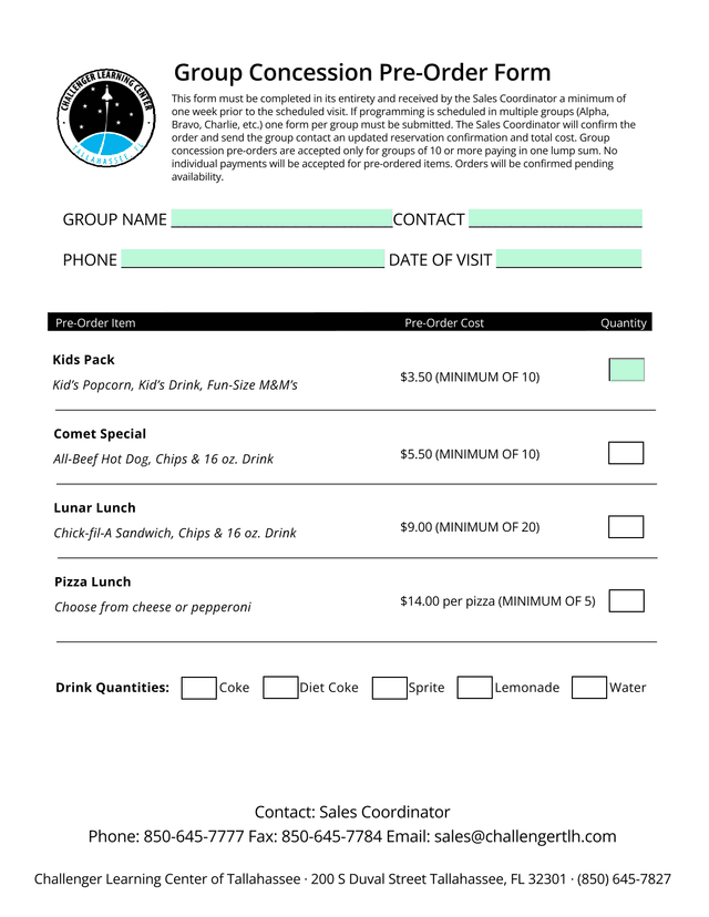 Group Concession Pre Order Form screenshot