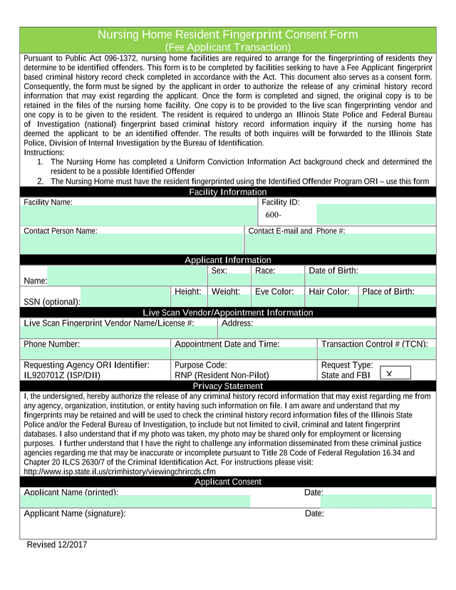 Nursing Home Resident Fingerprint Consent Form screenshot