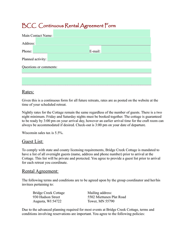 BCC Continuous Rental Agreement Form screenshot