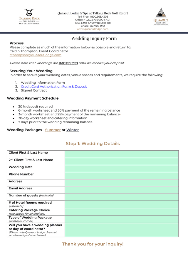 Wedding Inquiry Form screenshot