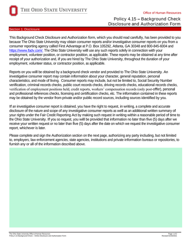 Policy 4.15  Background Check Disclosure And Authorization Form screenshot