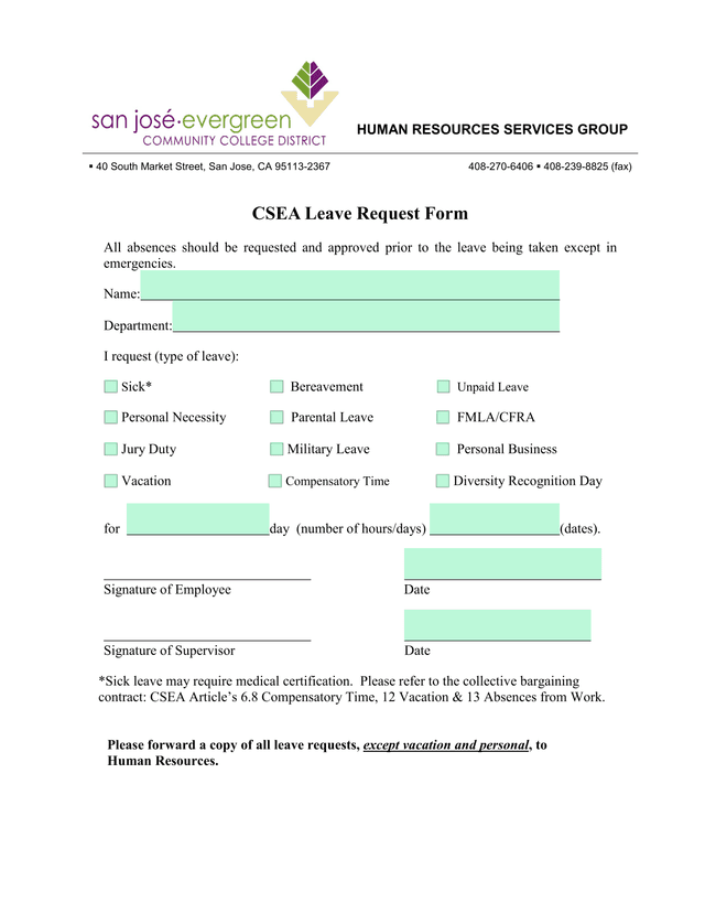 CSEA Leave Request Form screenshot
