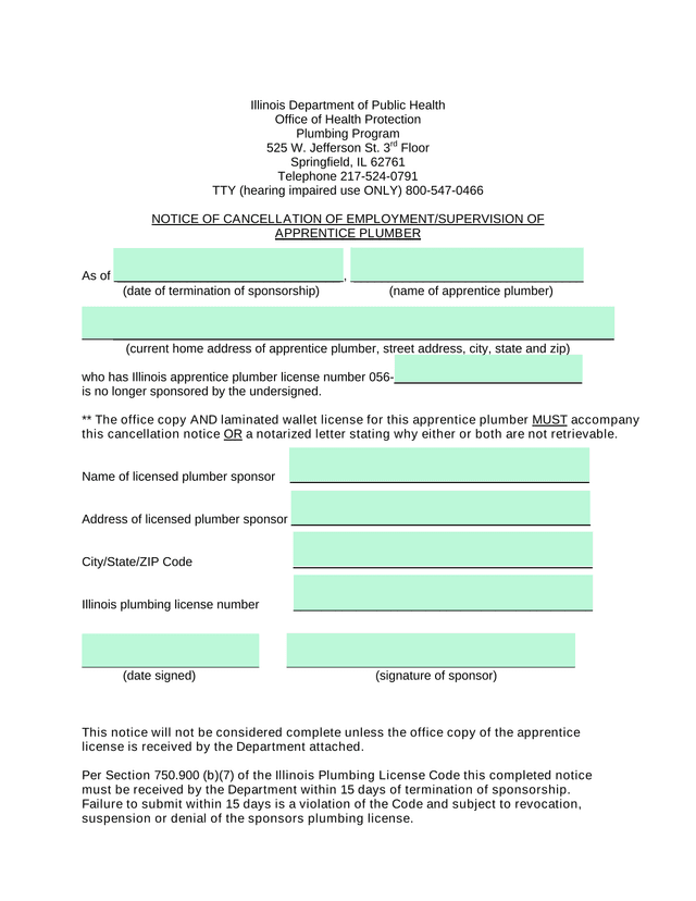 Notice Of Cancellation Of EmploymentSupervision Of Apprentice Plumber screenshot