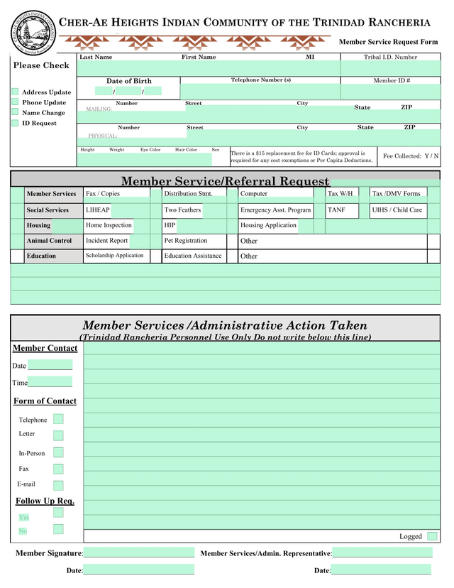 Member Service Request Form screenshot
