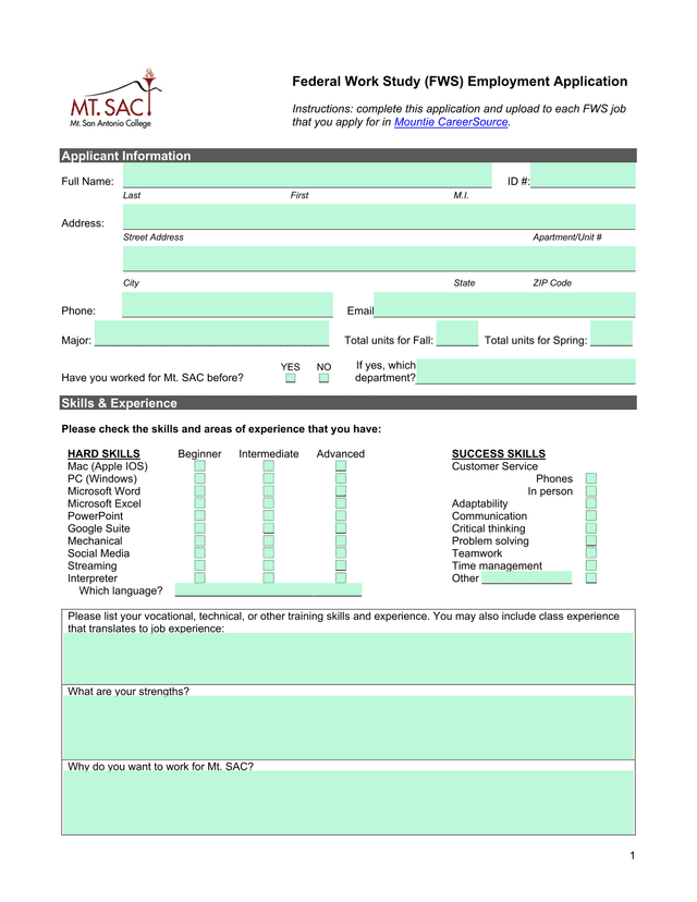 Federal Work Study (FWS) Employment Application screenshot