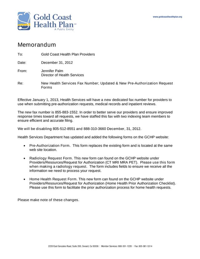 Memorandum To Gold Coast Health Plan Providers screenshot