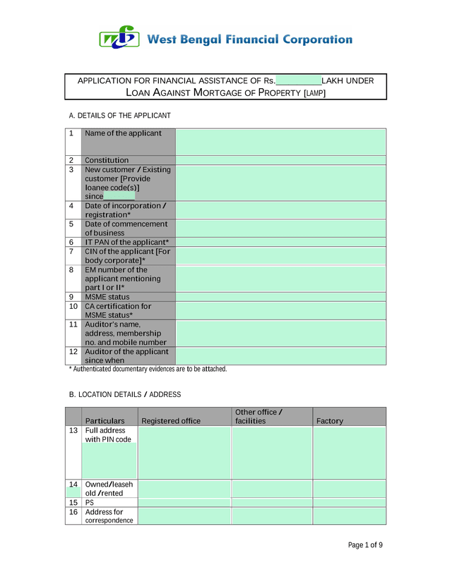 APPLICATION FOR FINANCIAL ASSISTANCE OF Rs. LAKH UNDER LOAN AGAINST MORTGAGE OF PROPERTY LAMP screenshot