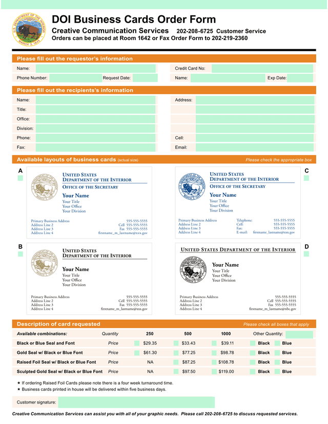 United States Department Of The Interior Order Form screenshot