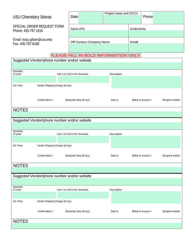 Special Order Request Form screenshot