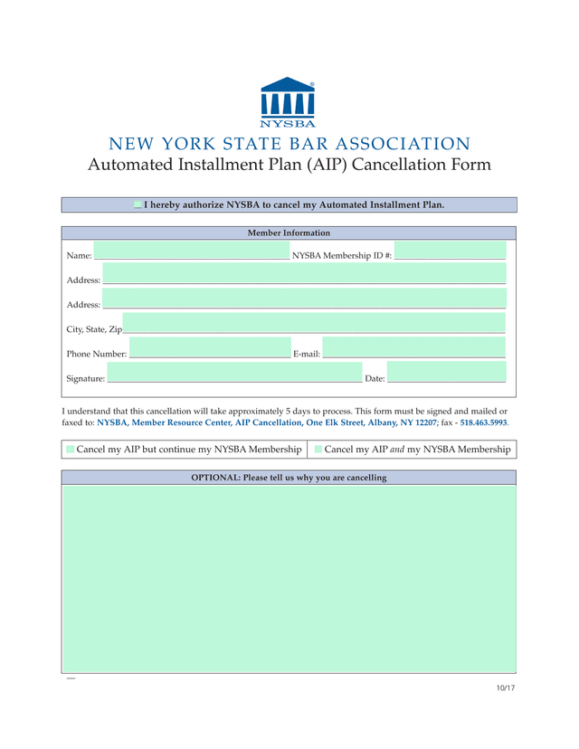 Automated Installment Plan (AIP) Cancellation Form screenshot