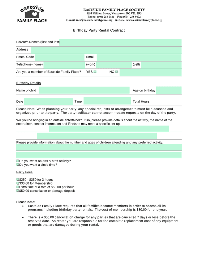 Birthday Party Rental Contract screenshot