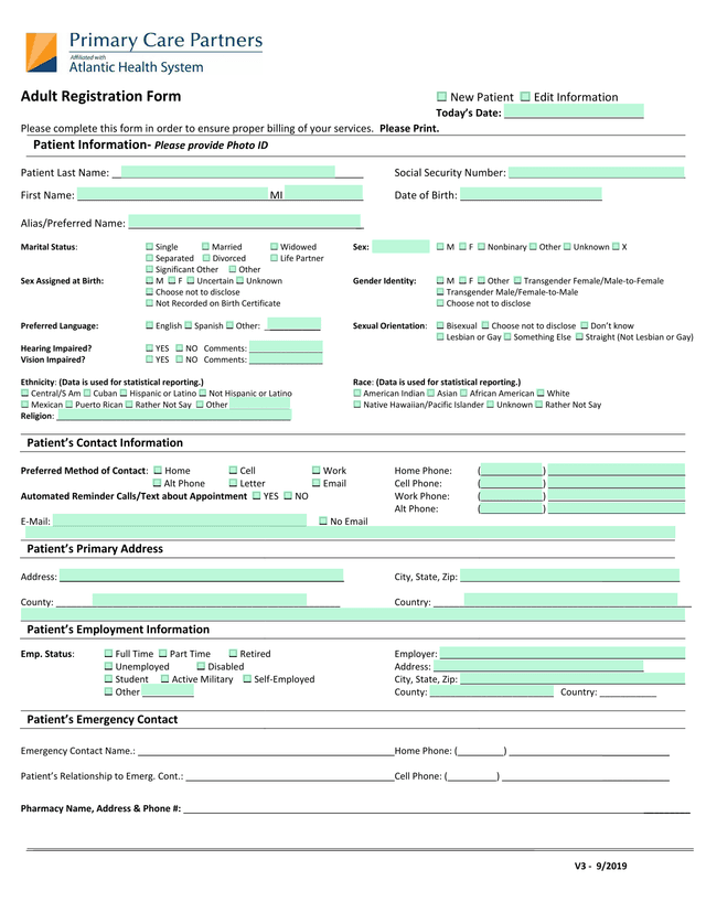 Adult Registration Form screenshot