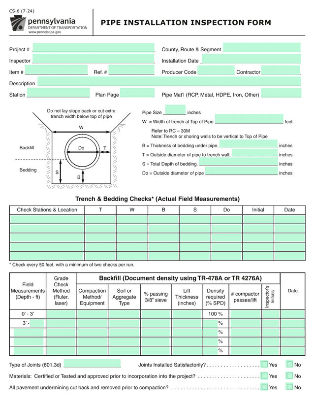 CS 6 (7 24) Pipe Installation Inspection Form screenshot