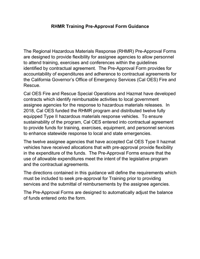 RHMR Training Pre Approval Form Guidance screenshot
