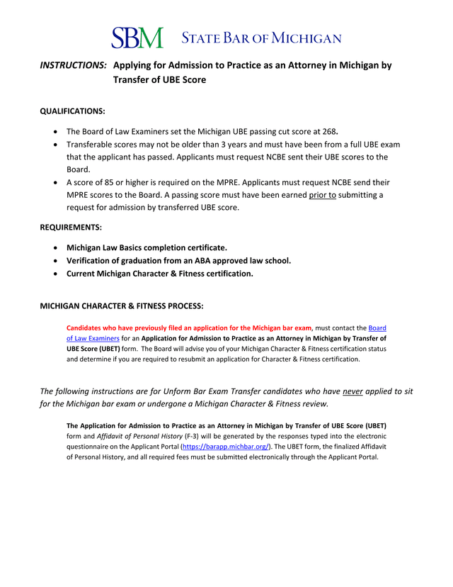 Instructions Applying For Admission To Practice As An Attorney In Michigan By Transfer Of UBE Score screenshot
