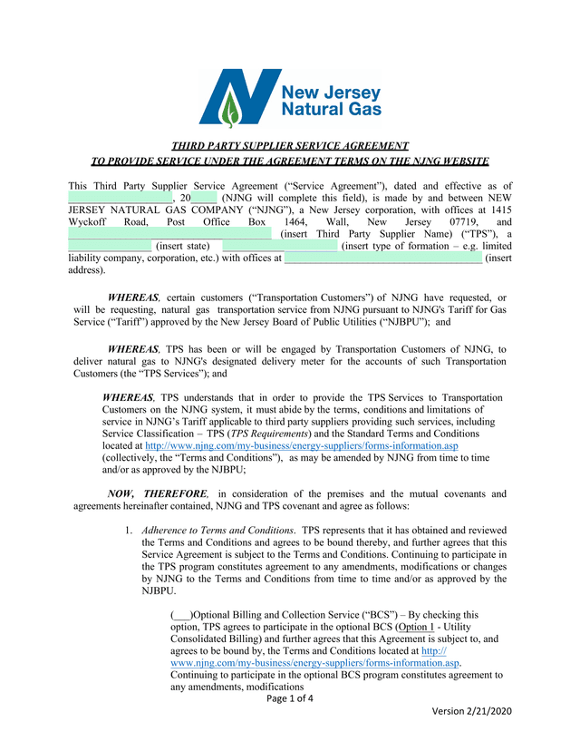 Third Party Supplier Service Agreement screenshot