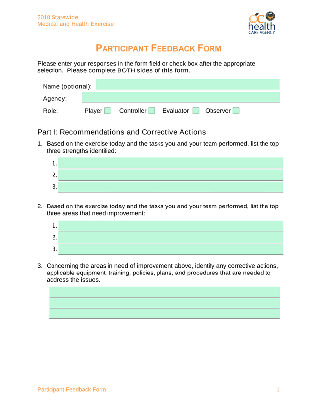 2018 Statewide Medical And Health Exercise Participant Feedback Form screenshot