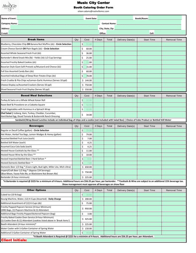 Booth Catering Order Form screenshot