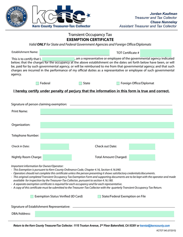 Transient Occupancy Tax Exemption Certificate screenshot