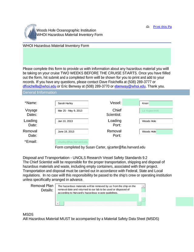 WHOI Hazardous Material Inventory Form screenshot