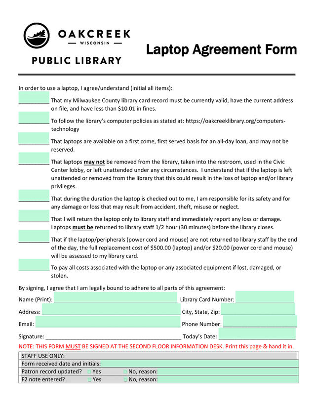 Laptop Agreement Form screenshot