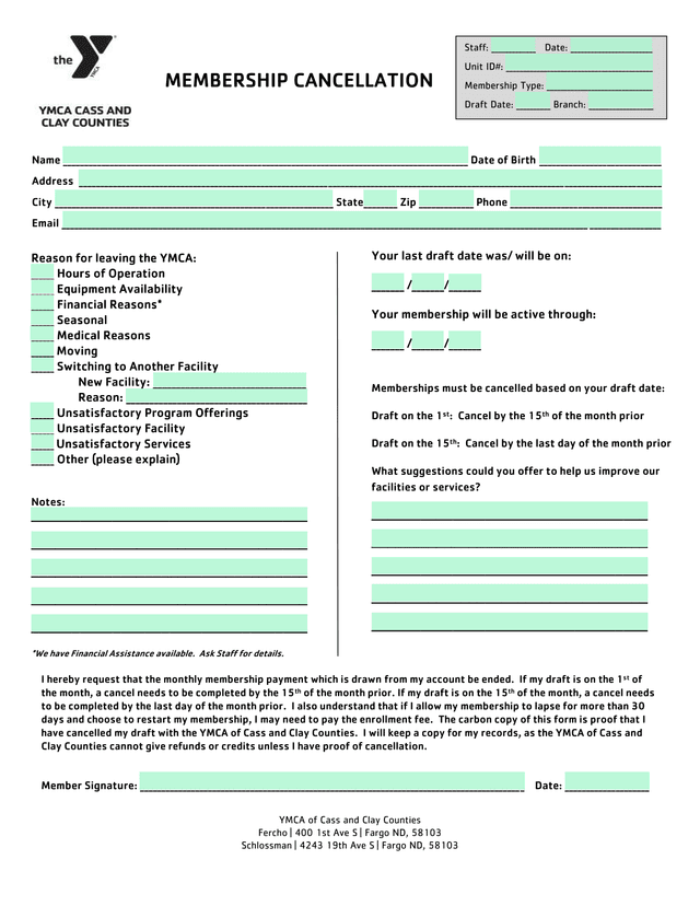 YMCA Membership Cancellation screenshot