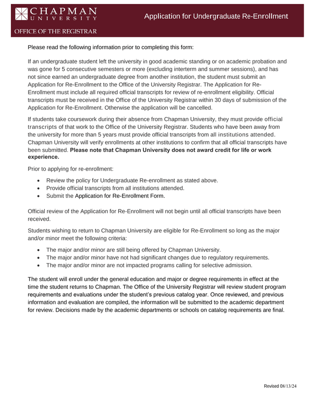 Application For Undergraduate Re Enrollment screenshot