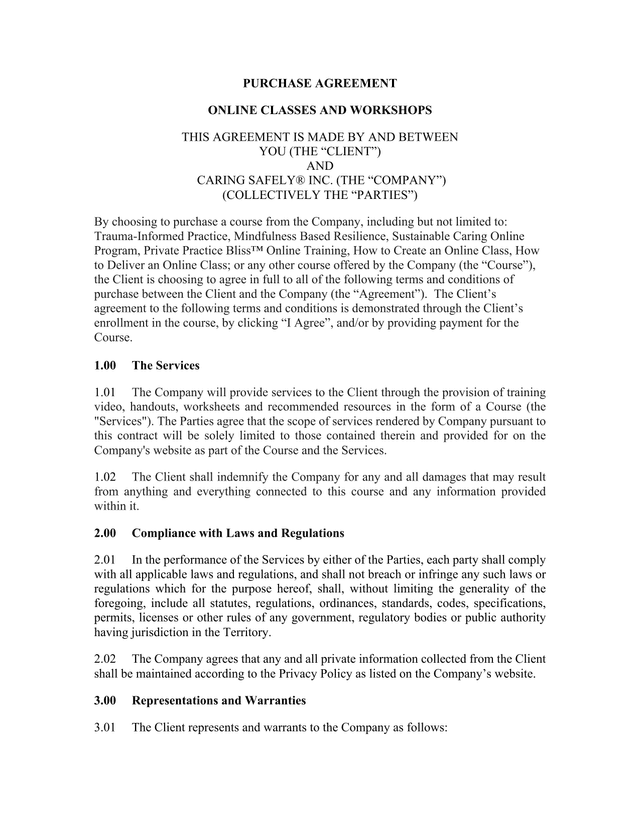 PURCHASE AGREEMENT ONLINE CLASSES AND WORKSHOPS screenshot
