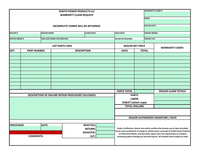 Zenith Power Products LLC Warranty Claim Request screenshot