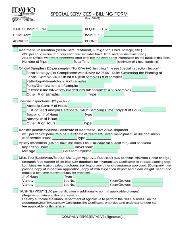 SPECIAL SERVICES   BILLING FORM screenshot