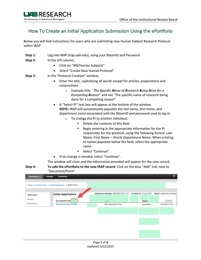 How To Create An Initial Application Submission Using The EPortfolio screenshot