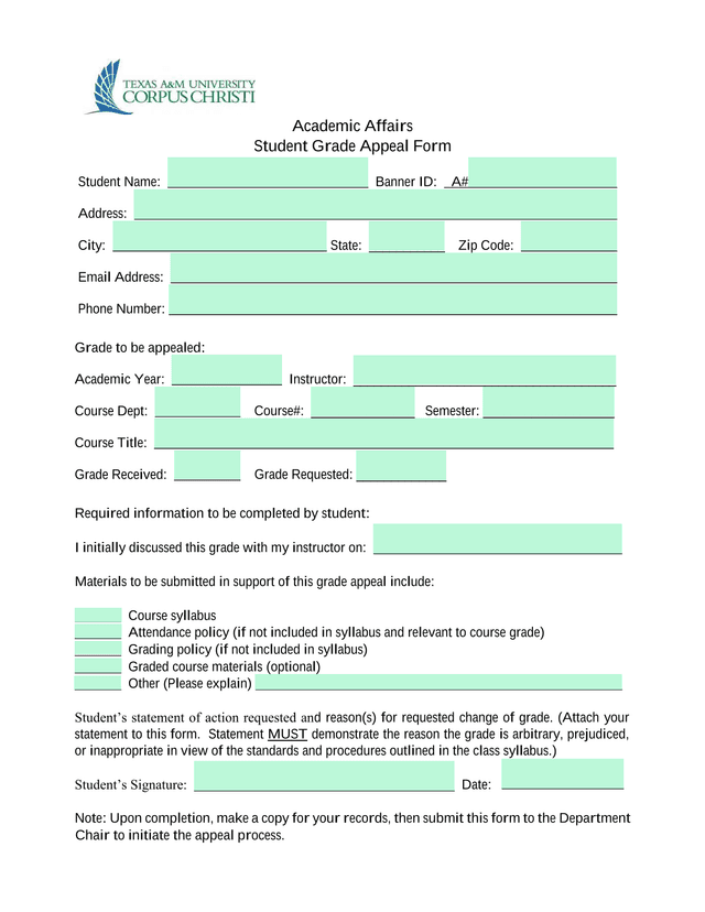 Student Grade Appeal Form screenshot