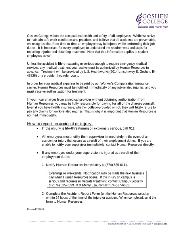 Goshen College Workplace Injury And Reporting Procedure screenshot