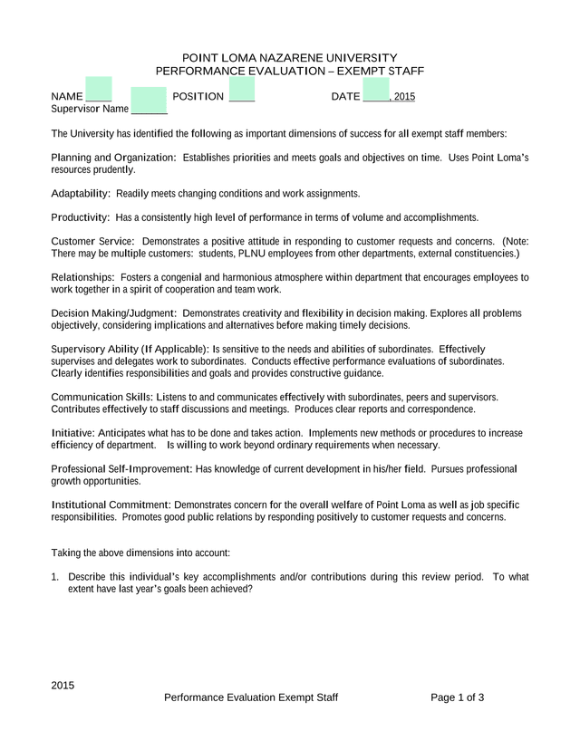 Performance Evaluation Exempt Staff screenshot