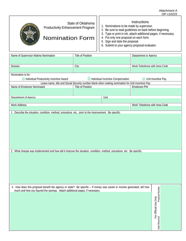 Productivity Enhancement Program Nomination Form screenshot