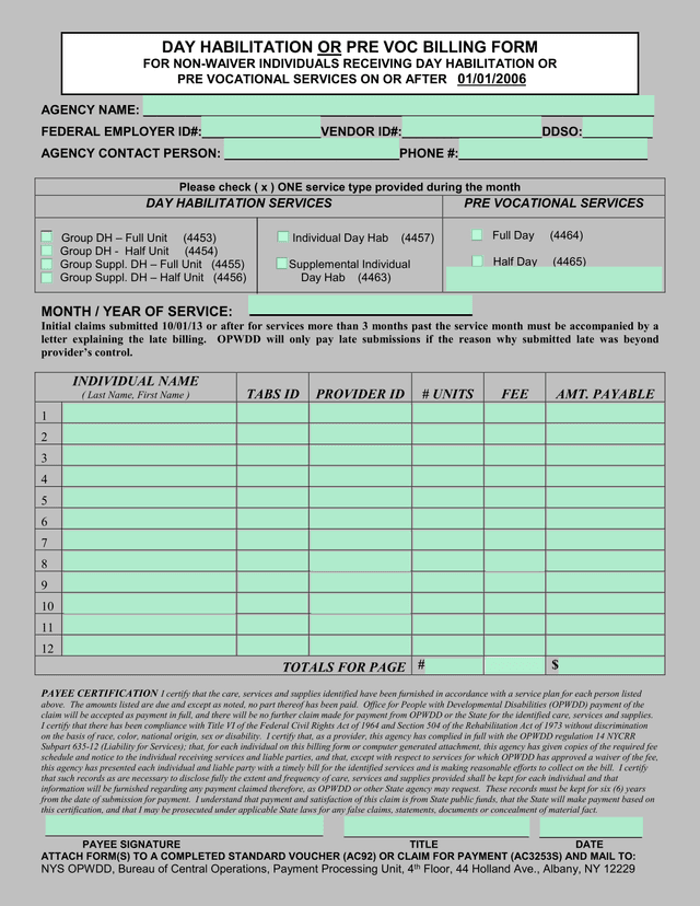 Day Habilitation Services Claim Form screenshot